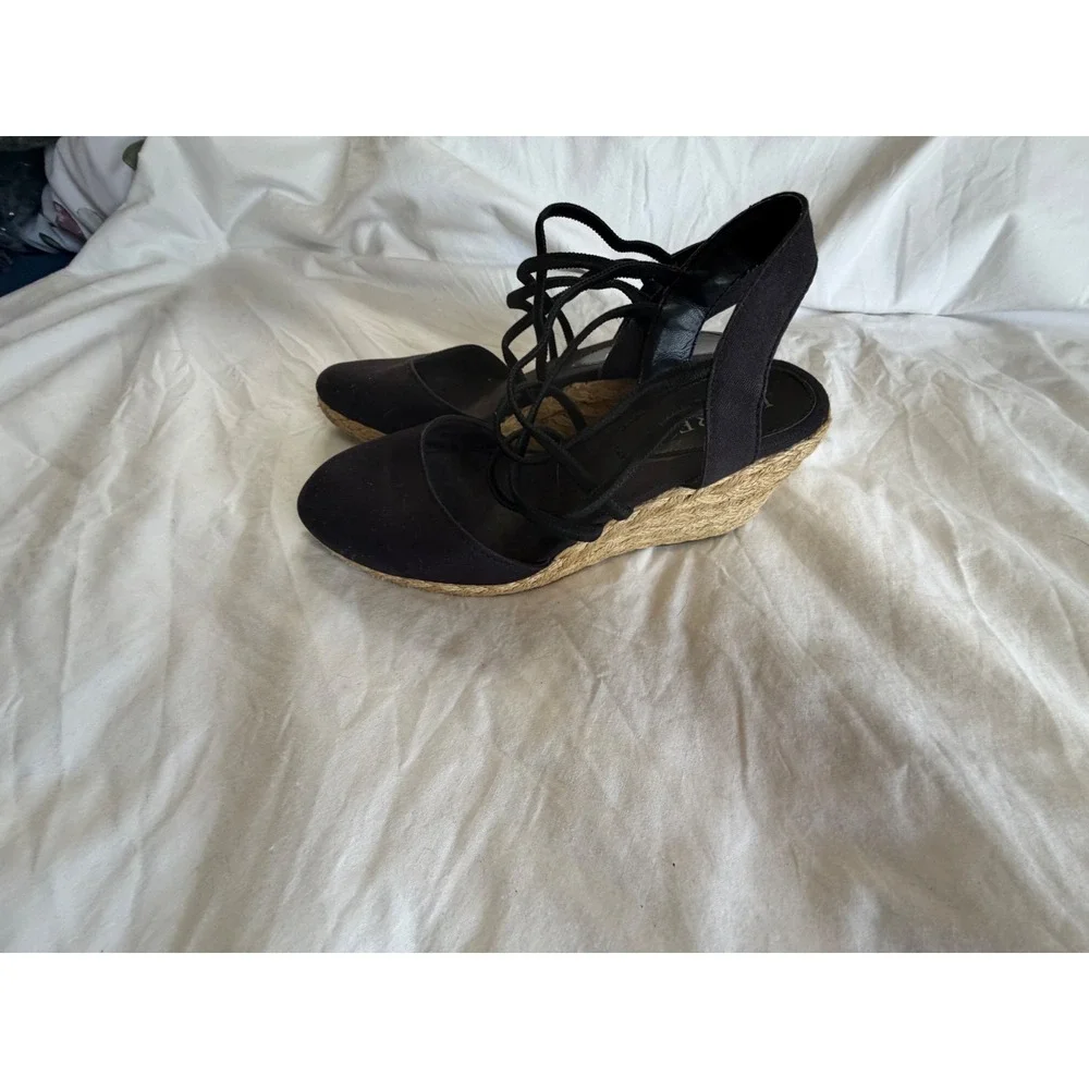 Lauren Ralph Lauren caralee Black Canvas Espadrille Wedge Sandals‎ Womens 6B